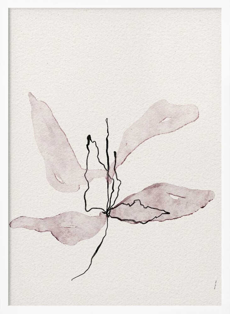 Minimalist ink and watercolor illustration of a delicate purple flower on a white background. Abstract botanical art.