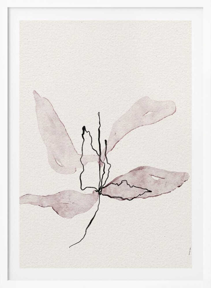 Minimalist ink and watercolor illustration of a delicate purple flower on a white background. Abstract botanical art.