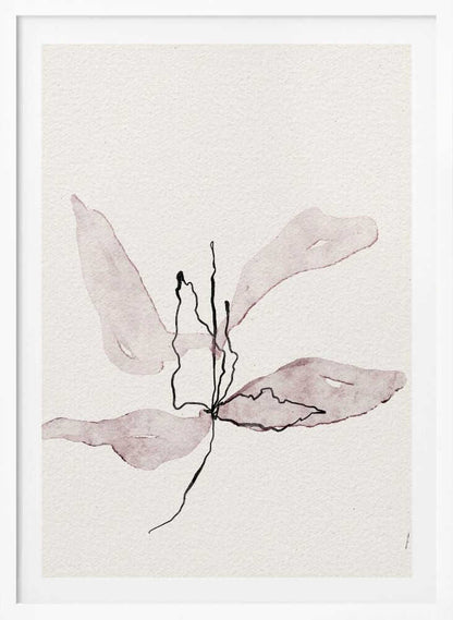 Minimalist ink and watercolor illustration of a delicate purple flower on a white background. Abstract botanical art.