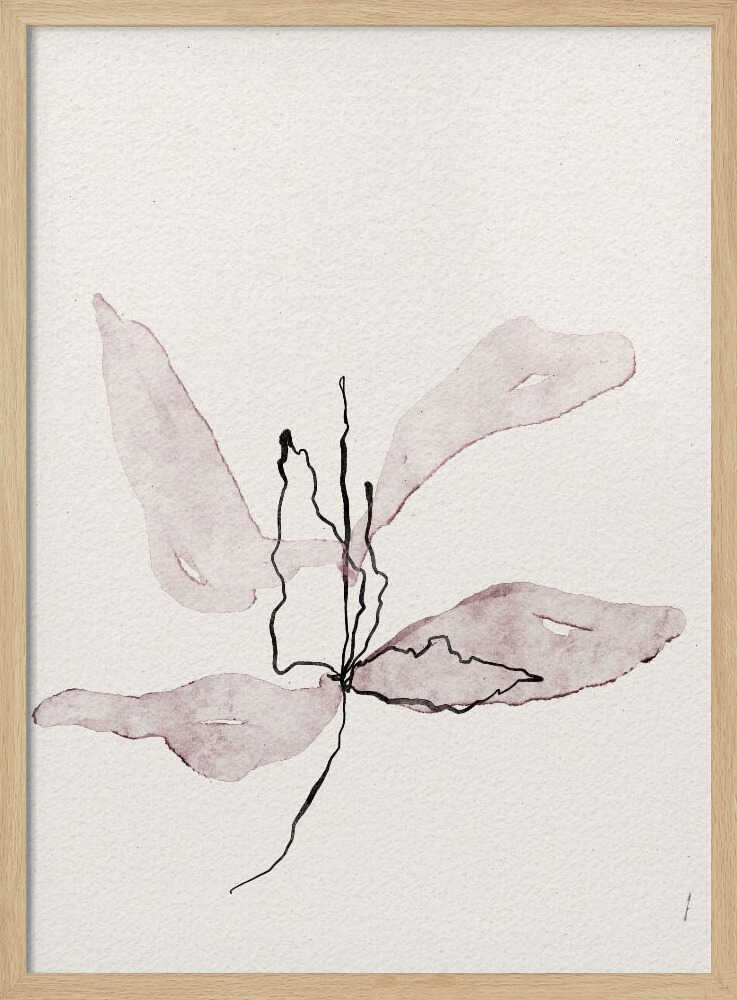 Minimalist ink and watercolor illustration of a delicate purple flower on a white background. Abstract botanical art.