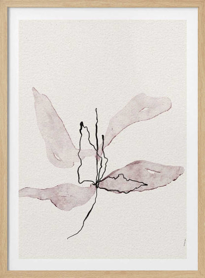 Minimalist ink and watercolor illustration of a delicate purple flower on a white background. Abstract botanical art.
