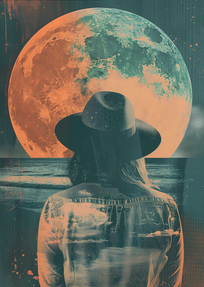 A surreal piece of art depicting a woman from behind, wearing a black fedora and a denim jacket. She is looking out over a dark sea towards a giant, textured moon that is colored in orange and teal, hanging in a starry night sky. The image has a distressed, double-exposure style. Artwork