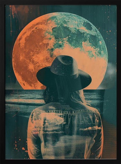 A surreal piece of art depicting a woman from behind, wearing a black fedora and a denim jacket. She is looking out over a dark sea towards a giant, textured moon that is colored in orange and teal, hanging in a starry night sky. The image has a distressed, double-exposure style. Artwork