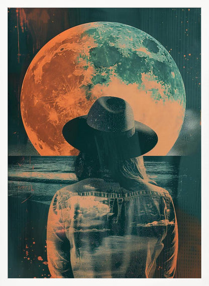 A surreal piece of art depicting a woman from behind, wearing a black fedora and a denim jacket. She is looking out over a dark sea towards a giant, textured moon that is colored in orange and teal, hanging in a starry night sky. The image has a distressed, double-exposure style. Artwork