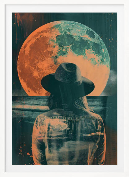 A surreal piece of art depicting a woman from behind, wearing a black fedora and a denim jacket. She is looking out over a dark sea towards a giant, textured moon that is colored in orange and teal, hanging in a starry night sky. The image has a distressed, double-exposure style. Artwork