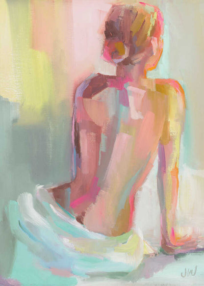 An impressionistic painting of a woman sitting with her back to the viewer, rendered in broad, expressive brushstrokes of pastel pinks, yellows, and mint green. Wall Art