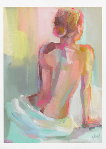An impressionistic painting of a woman sitting with her back to the viewer, rendered in broad, expressive brushstrokes of pastel pinks, yellows, and mint green. Wall Art