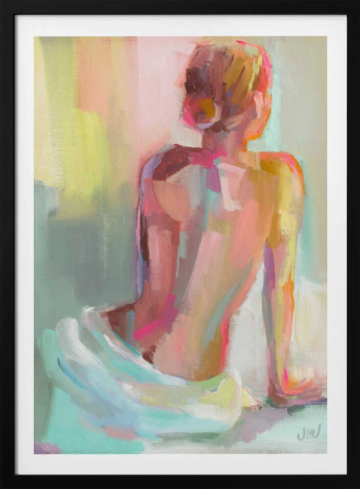 An impressionistic painting of a woman sitting with her back to the viewer, rendered in broad, expressive brushstrokes of pastel pinks, yellows, and mint green. Wall Art