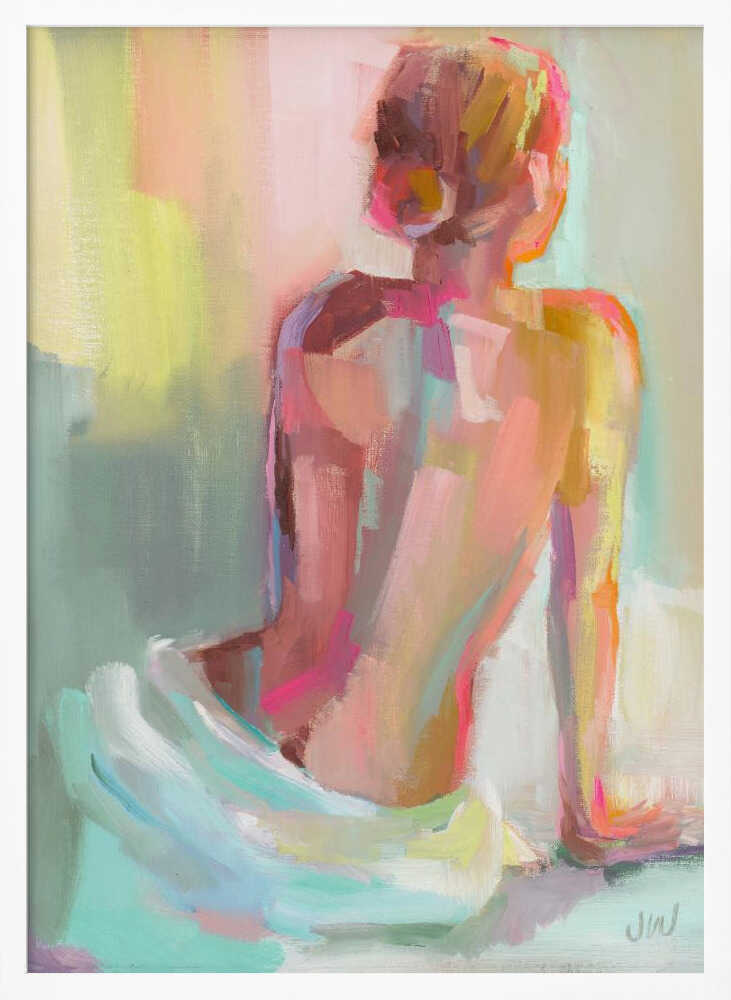 An impressionistic painting of a woman sitting with her back to the viewer, rendered in broad, expressive brushstrokes of pastel pinks, yellows, and mint green. Wall Art