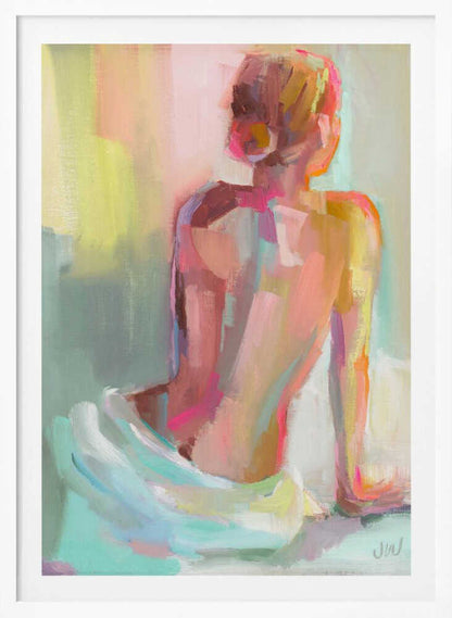 An impressionistic painting of a woman sitting with her back to the viewer, rendered in broad, expressive brushstrokes of pastel pinks, yellows, and mint green. Wall Art