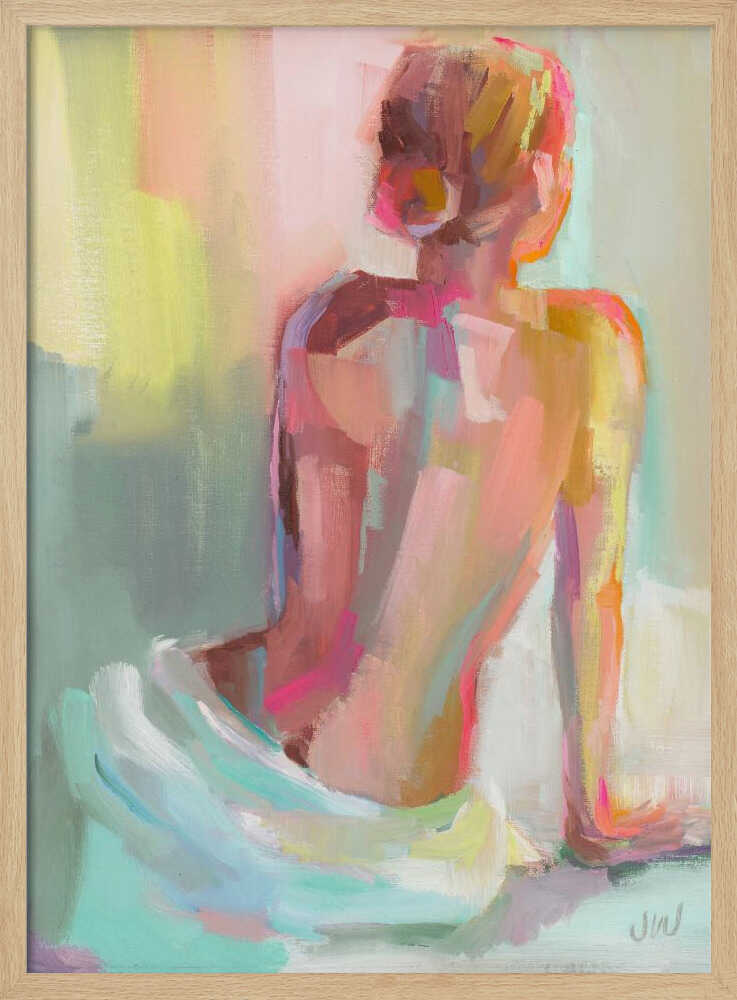 An impressionistic painting of a woman sitting with her back to the viewer, rendered in broad, expressive brushstrokes of pastel pinks, yellows, and mint green. Wall Art