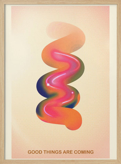 A framed modern art poster with a cream-colored, textured background. In the center is a glossy, 3D spiral shape with a vibrant color gradient of pink, orange, blue, and green. At the bottom, the motivational phrase 'GOOD THINGS ARE COMING' is printed in a simple, orange-brown font. Decor