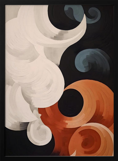 Abstract depiction of clouds, featuring soft, blending colors like blue, white, and grey, resembling a painted sky on a poster or art print. Artwork