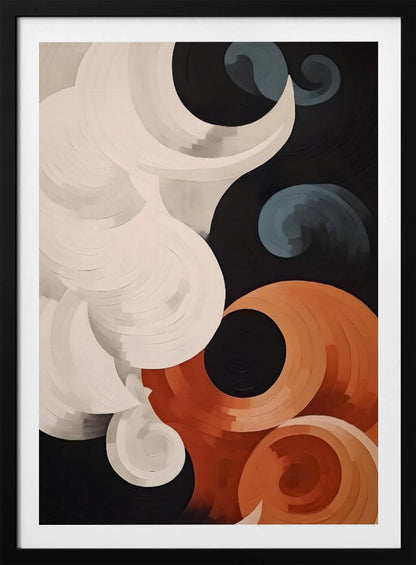 Abstract depiction of clouds, featuring soft, blending colors like blue, white, and grey, resembling a painted sky on a poster or art print. Artwork