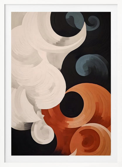 Abstract depiction of clouds, featuring soft, blending colors like blue, white, and grey, resembling a painted sky on a poster or art print. Artwork