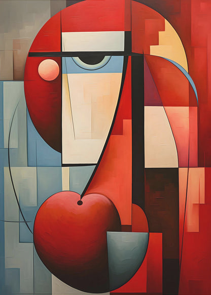 A vibrant abstract painting in a cubist style, featuring a deconstructed face. The composition is dominated by bold red geometric shapes, including a large circle for the head and a heart-like or cherry shape at the bottom. A single stylized eye looks out from a field of cream and light blue blocks, all intersected by strong black lines and planes of color. Artwork