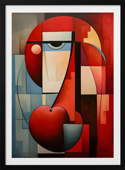 A vibrant abstract painting in a cubist style, featuring a deconstructed face. The composition is dominated by bold red geometric shapes, including a large circle for the head and a heart-like or cherry shape at the bottom. A single stylized eye looks out from a field of cream and light blue blocks, all intersected by strong black lines and planes of color. Artwork