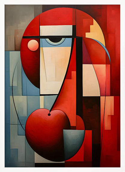 A vibrant abstract painting in a cubist style, featuring a deconstructed face. The composition is dominated by bold red geometric shapes, including a large circle for the head and a heart-like or cherry shape at the bottom. A single stylized eye looks out from a field of cream and light blue blocks, all intersected by strong black lines and planes of color. Artwork