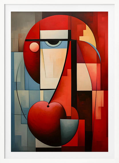 A vibrant abstract painting in a cubist style, featuring a deconstructed face. The composition is dominated by bold red geometric shapes, including a large circle for the head and a heart-like or cherry shape at the bottom. A single stylized eye looks out from a field of cream and light blue blocks, all intersected by strong black lines and planes of color. Artwork