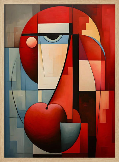A vibrant abstract painting in a cubist style, featuring a deconstructed face. The composition is dominated by bold red geometric shapes, including a large circle for the head and a heart-like or cherry shape at the bottom. A single stylized eye looks out from a field of cream and light blue blocks, all intersected by strong black lines and planes of color. Artwork