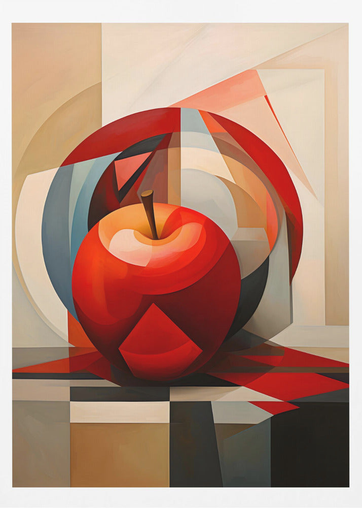 A cubist-style painting of a shiny red apple resting on a checkered surface. The background is a complex composition of overlapping geometric shapes and arcs in shades of red, blue, beige, and gray, creating a fragmented and multi-dimensional still life. Artwork