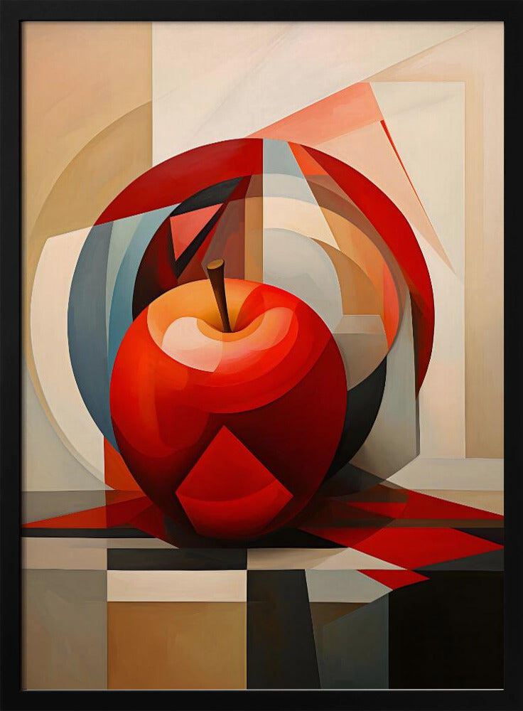 A cubist-style painting of a shiny red apple resting on a checkered surface. The background is a complex composition of overlapping geometric shapes and arcs in shades of red, blue, beige, and gray, creating a fragmented and multi-dimensional still life. Artwork