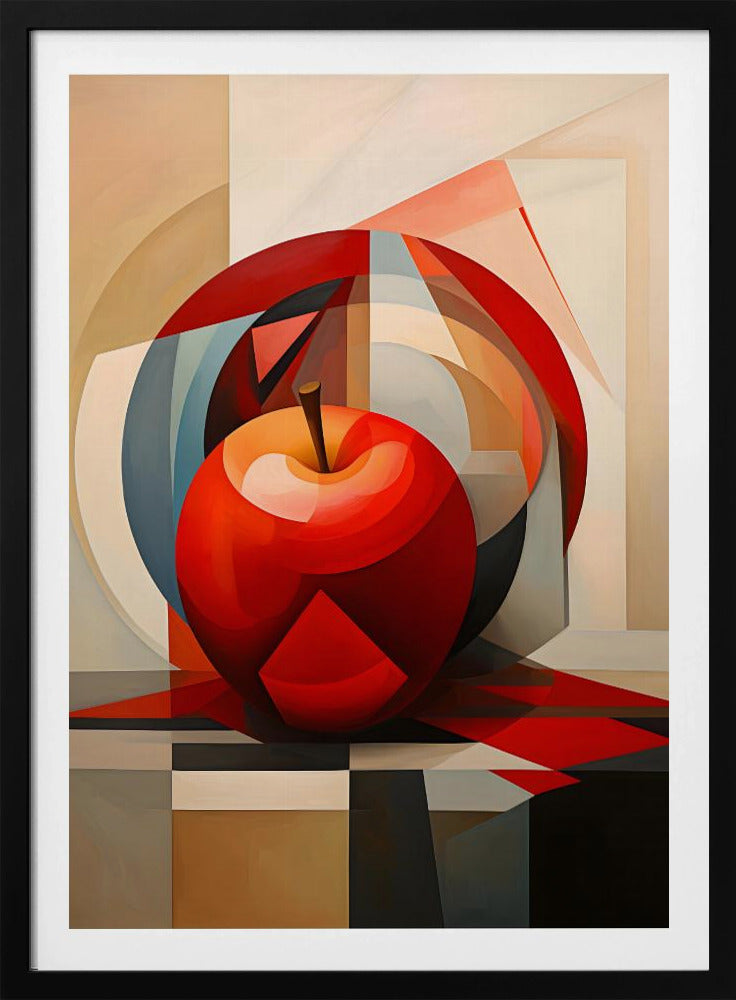 A cubist-style painting of a shiny red apple resting on a checkered surface. The background is a complex composition of overlapping geometric shapes and arcs in shades of red, blue, beige, and gray, creating a fragmented and multi-dimensional still life. Artwork
