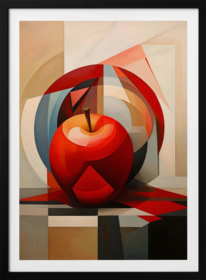 A cubist-style painting of a shiny red apple resting on a checkered surface. The background is a complex composition of overlapping geometric shapes and arcs in shades of red, blue, beige, and gray, creating a fragmented and multi-dimensional still life. Artwork