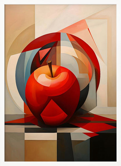 A cubist-style painting of a shiny red apple resting on a checkered surface. The background is a complex composition of overlapping geometric shapes and arcs in shades of red, blue, beige, and gray, creating a fragmented and multi-dimensional still life. Artwork