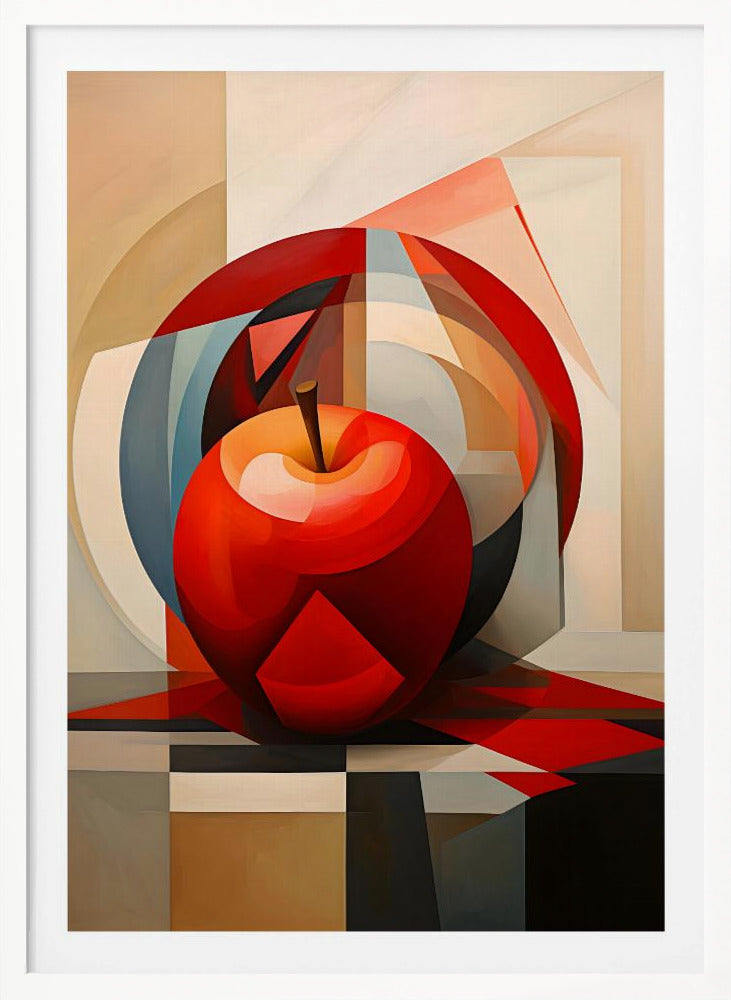 A cubist-style painting of a shiny red apple resting on a checkered surface. The background is a complex composition of overlapping geometric shapes and arcs in shades of red, blue, beige, and gray, creating a fragmented and multi-dimensional still life. Artwork