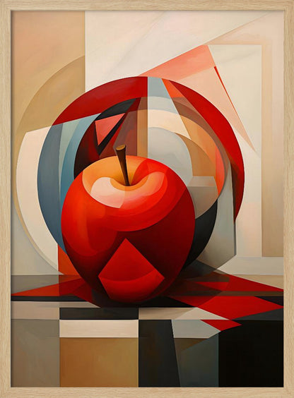 A cubist-style painting of a shiny red apple resting on a checkered surface. The background is a complex composition of overlapping geometric shapes and arcs in shades of red, blue, beige, and gray, creating a fragmented and multi-dimensional still life. Artwork
