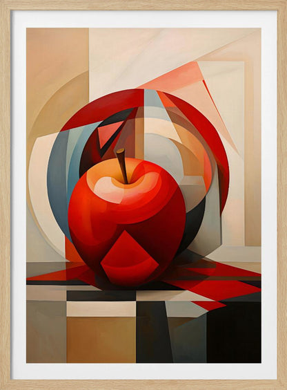 A cubist-style painting of a shiny red apple resting on a checkered surface. The background is a complex composition of overlapping geometric shapes and arcs in shades of red, blue, beige, and gray, creating a fragmented and multi-dimensional still life. Artwork