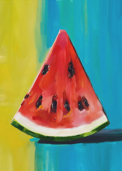 An impressionistic painting of a single, juicy slice of watermelon. The vibrant red flesh and black seeds contrast with a colorful background of bright yellow and deep teal blue, all rendered with visible, expressive brushstrokes and framed in black. Artwork