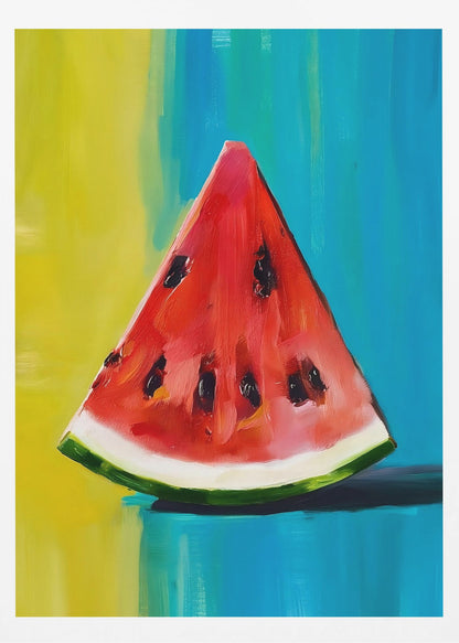An impressionistic painting of a single, juicy slice of watermelon. The vibrant red flesh and black seeds contrast with a colorful background of bright yellow and deep teal blue, all rendered with visible, expressive brushstrokes and framed in black. Artwork