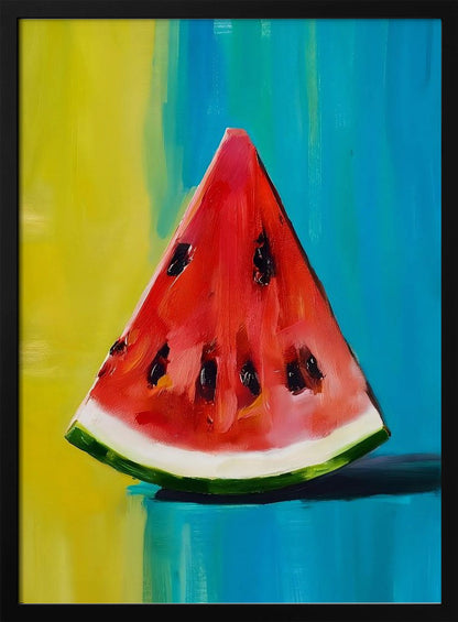 An impressionistic painting of a single, juicy slice of watermelon. The vibrant red flesh and black seeds contrast with a colorful background of bright yellow and deep teal blue, all rendered with visible, expressive brushstrokes and framed in black. Artwork