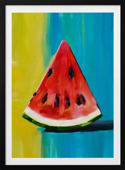 An impressionistic painting of a single, juicy slice of watermelon. The vibrant red flesh and black seeds contrast with a colorful background of bright yellow and deep teal blue, all rendered with visible, expressive brushstrokes and framed in black. Artwork