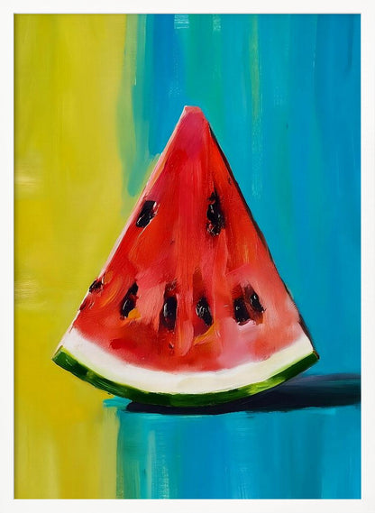 An impressionistic painting of a single, juicy slice of watermelon. The vibrant red flesh and black seeds contrast with a colorful background of bright yellow and deep teal blue, all rendered with visible, expressive brushstrokes and framed in black. Artwork