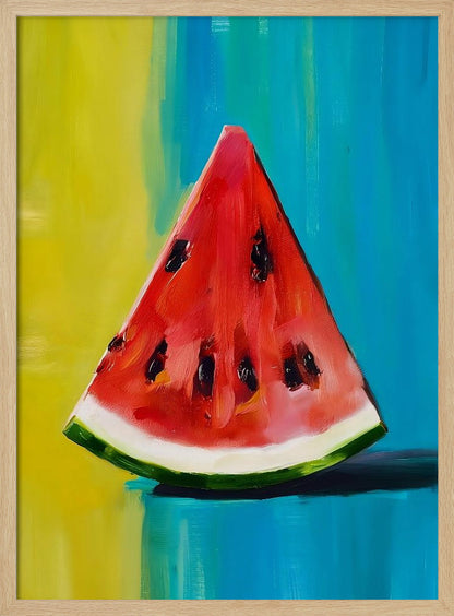 An impressionistic painting of a single, juicy slice of watermelon. The vibrant red flesh and black seeds contrast with a colorful background of bright yellow and deep teal blue, all rendered with visible, expressive brushstrokes and framed in black. Artwork