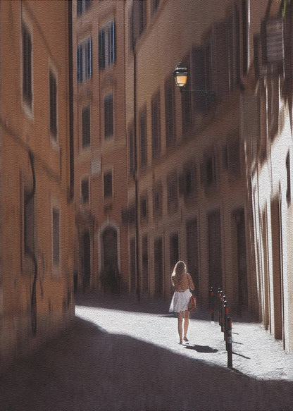 An art print featuring a girl in a scenic setting in Rome, possibly with historic architecture or street views. Decor