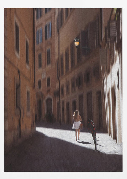 An art print featuring a girl in a scenic setting in Rome, possibly with historic architecture or street views. Decor