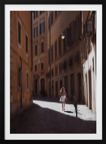 An art print featuring a girl in a scenic setting in Rome, possibly with historic architecture or street views. Decor