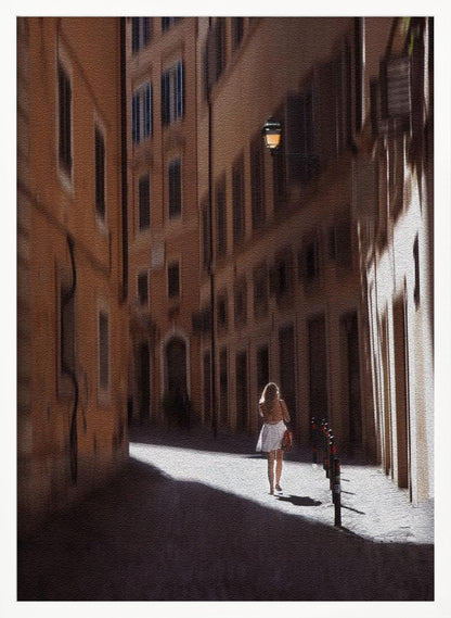 An art print featuring a girl in a scenic setting in Rome, possibly with historic architecture or street views. Decor