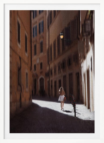 An art print featuring a girl in a scenic setting in Rome, possibly with historic architecture or street views. Decor