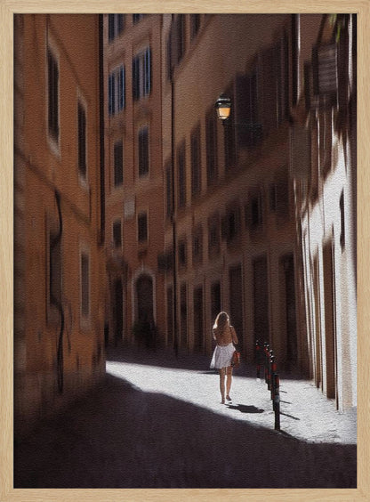 An art print featuring a girl in a scenic setting in Rome, possibly with historic architecture or street views. Decor
