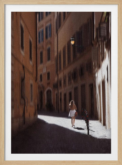 An art print featuring a girl in a scenic setting in Rome, possibly with historic architecture or street views. Decor