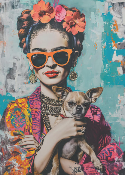 A modern, stylized pop art portrait of Frida Kahlo wearing bright orange sunglasses and red lipstick. Her hair is in an updo with orange and pink flowers, and she is holding a small chihuahua dog against her colorful patterned jacket. The background is an abstract texture of turquoise and white. Print