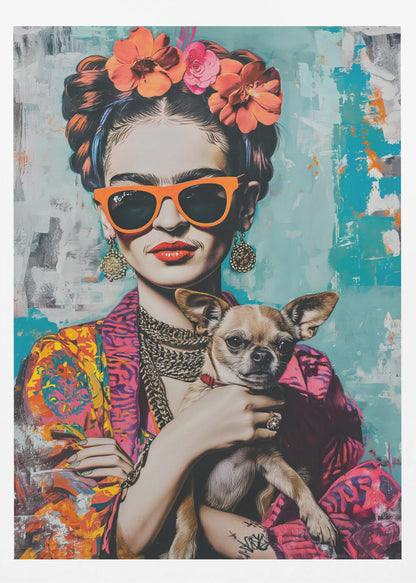 A modern, stylized pop art portrait of Frida Kahlo wearing bright orange sunglasses and red lipstick. Her hair is in an updo with orange and pink flowers, and she is holding a small chihuahua dog against her colorful patterned jacket. The background is an abstract texture of turquoise and white. Print