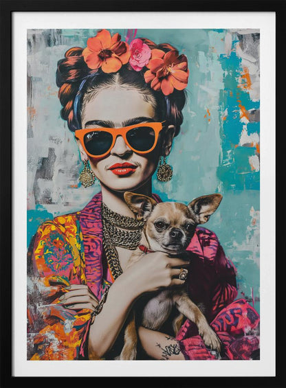 A modern, stylized pop art portrait of Frida Kahlo wearing bright orange sunglasses and red lipstick. Her hair is in an updo with orange and pink flowers, and she is holding a small chihuahua dog against her colorful patterned jacket. The background is an abstract texture of turquoise and white. Print