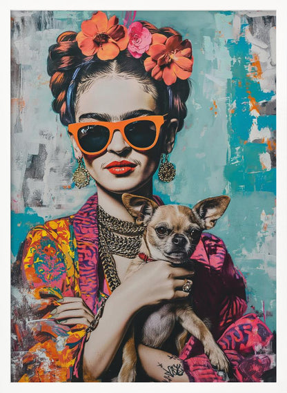 A modern, stylized pop art portrait of Frida Kahlo wearing bright orange sunglasses and red lipstick. Her hair is in an updo with orange and pink flowers, and she is holding a small chihuahua dog against her colorful patterned jacket. The background is an abstract texture of turquoise and white. Print