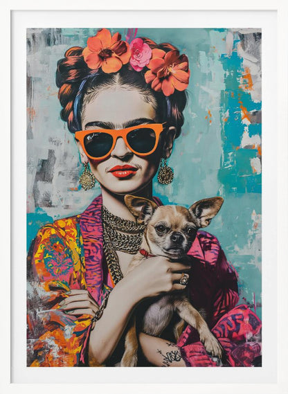 A modern, stylized pop art portrait of Frida Kahlo wearing bright orange sunglasses and red lipstick. Her hair is in an updo with orange and pink flowers, and she is holding a small chihuahua dog against her colorful patterned jacket. The background is an abstract texture of turquoise and white. Print